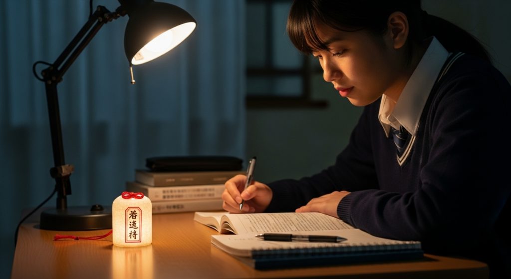 護符の力で集中して勉強する受験生