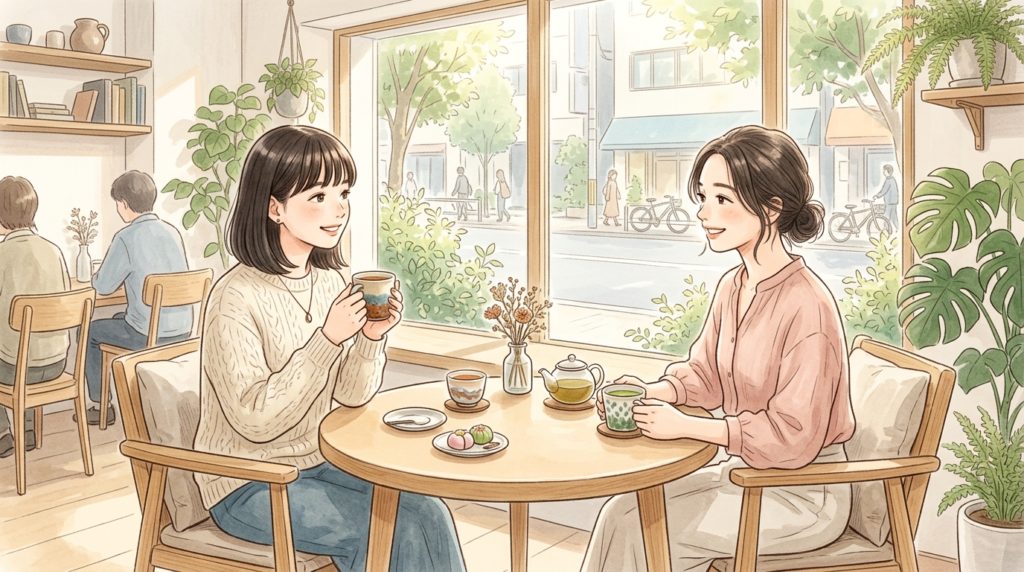 適度な距離感を保ちながらカフェで穏やかに過ごす友人同士のイメージ