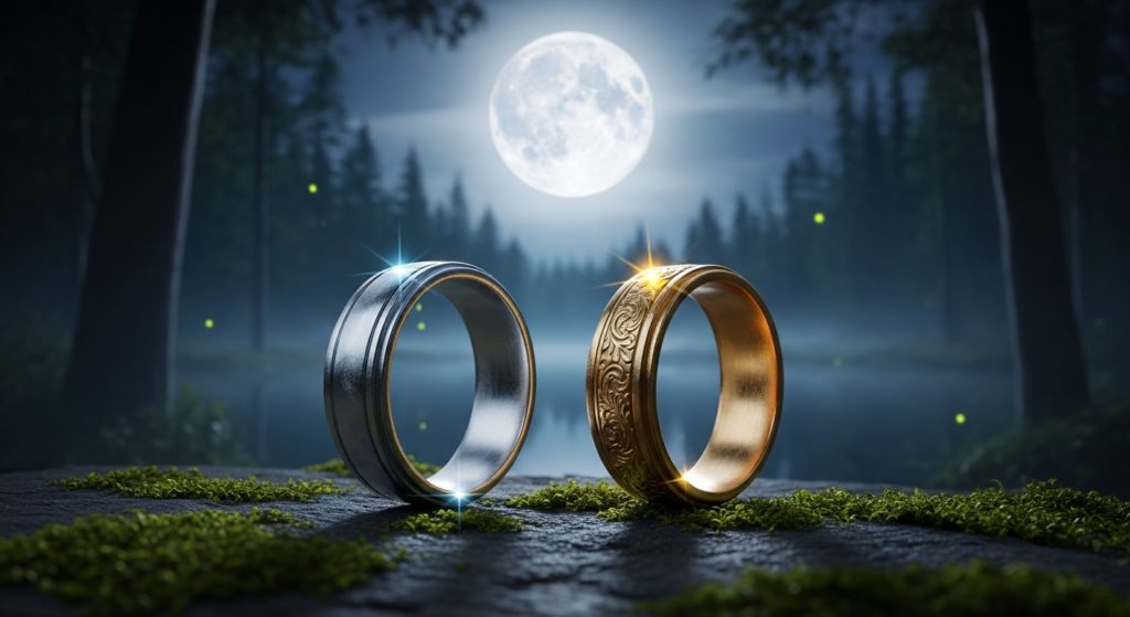 満月の光を浴びて輝く2つの指輪のイメージ