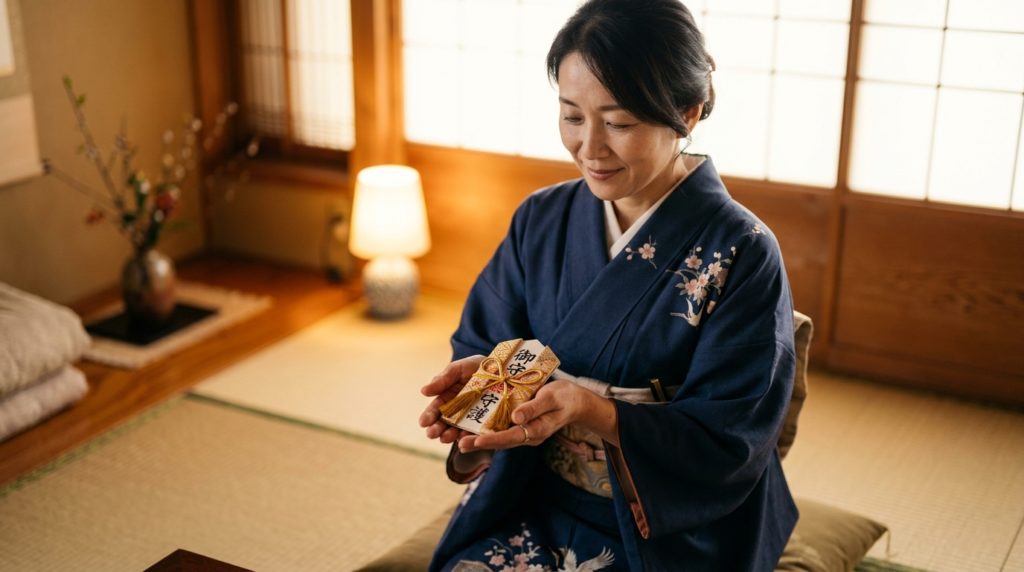 月花殿の金運護符を手に持ち、安心した表情を浮かべる日本人女性