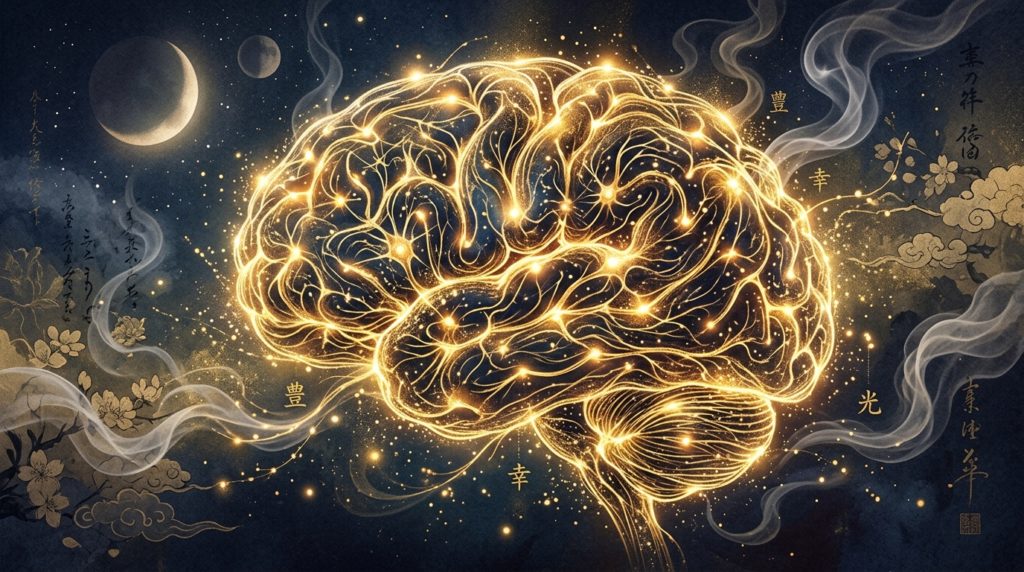 脳の神経回路が黄金に輝き、金運を引き寄せる意識の変容を表すイメージ