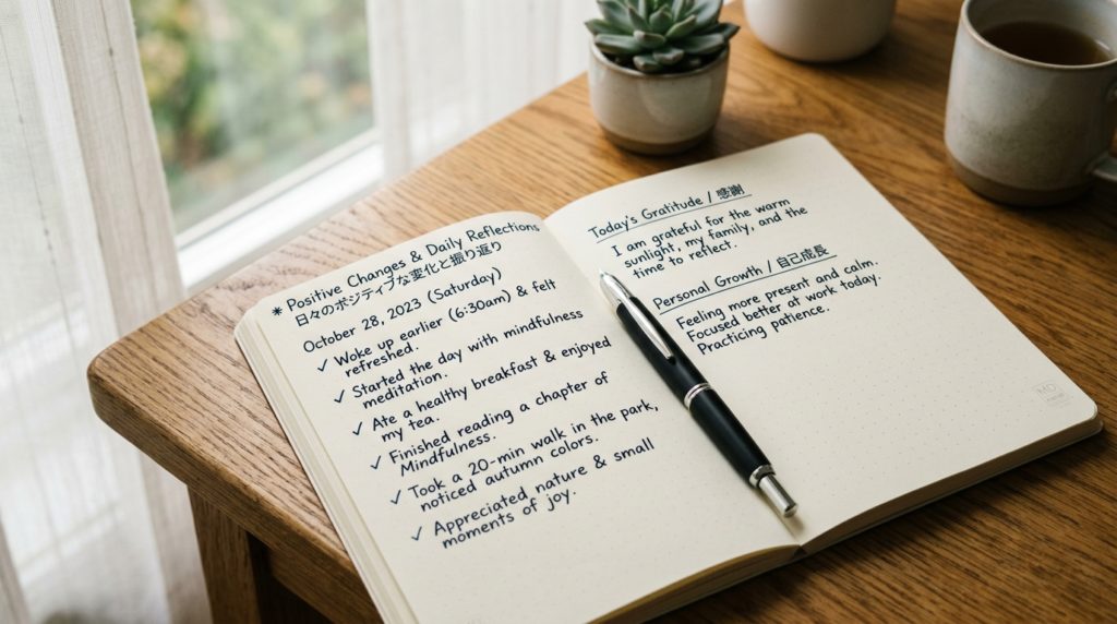 日常の小さな変化を記録するノートとペン、窓から差し込む柔らかな光