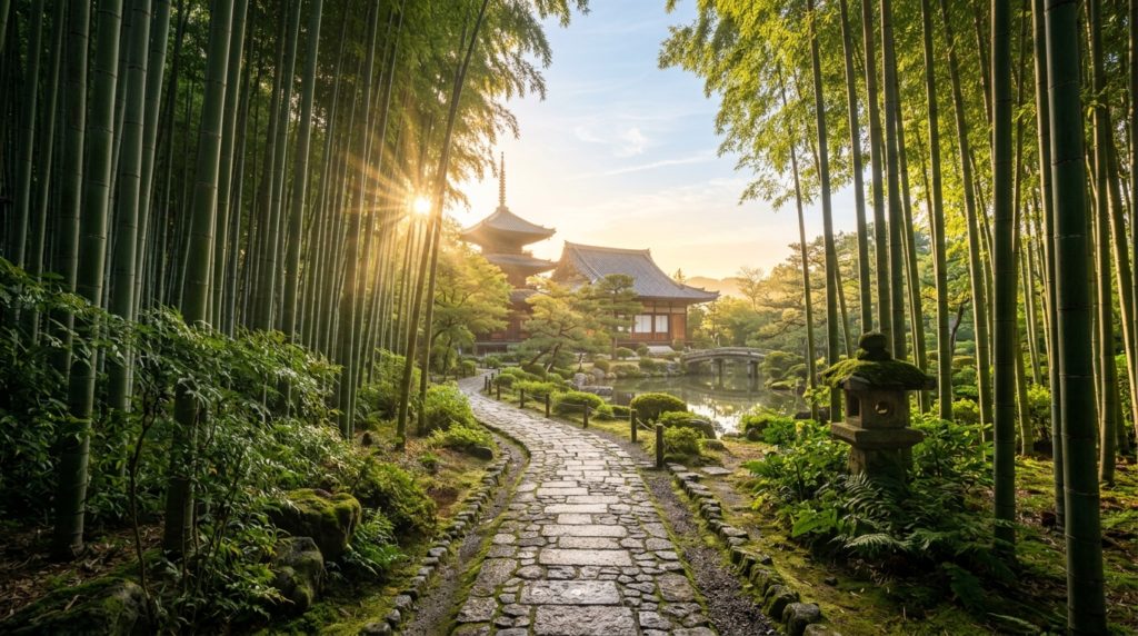 夜明けの光が差し込む静かな竹林の道、新しい始まりと希望を象徴する風景