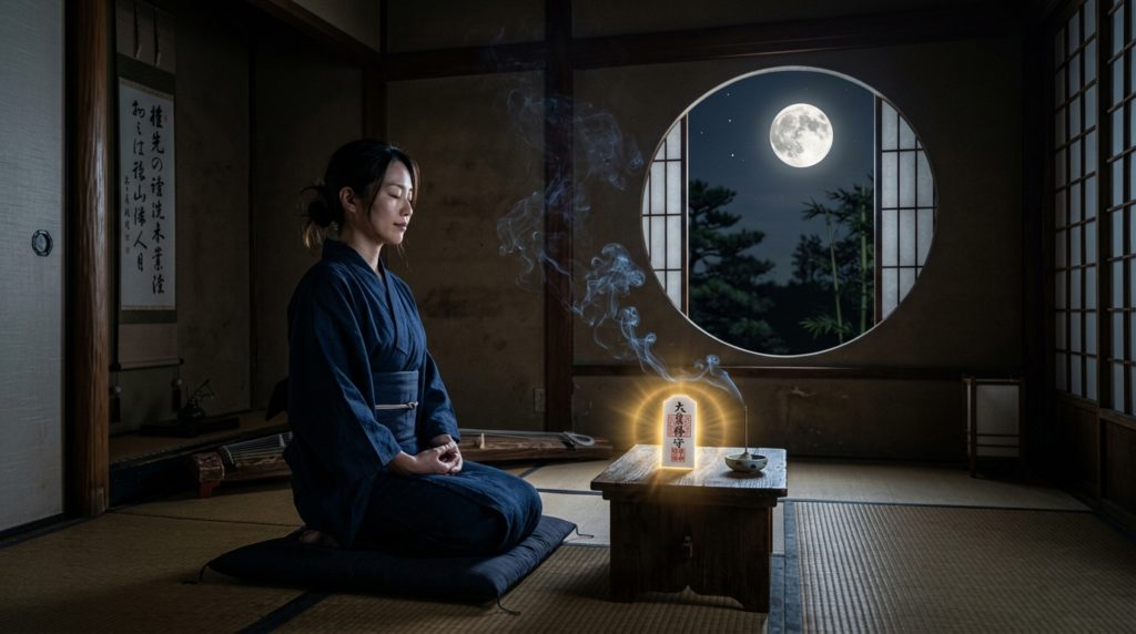 満月の夜、静寂の中で金運護符と深く同調する瞑想の時間