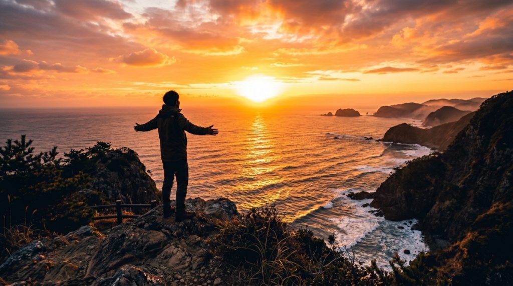 黄金の日の出を背景に、確信に満ちた表情で未来を見つめる日本人。成功と豊かさの象徴