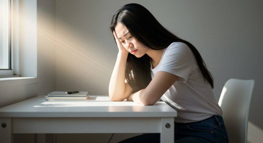 デスクで少し落ち込んでいるが、窓から差し込む光を見て希望を感じている女性