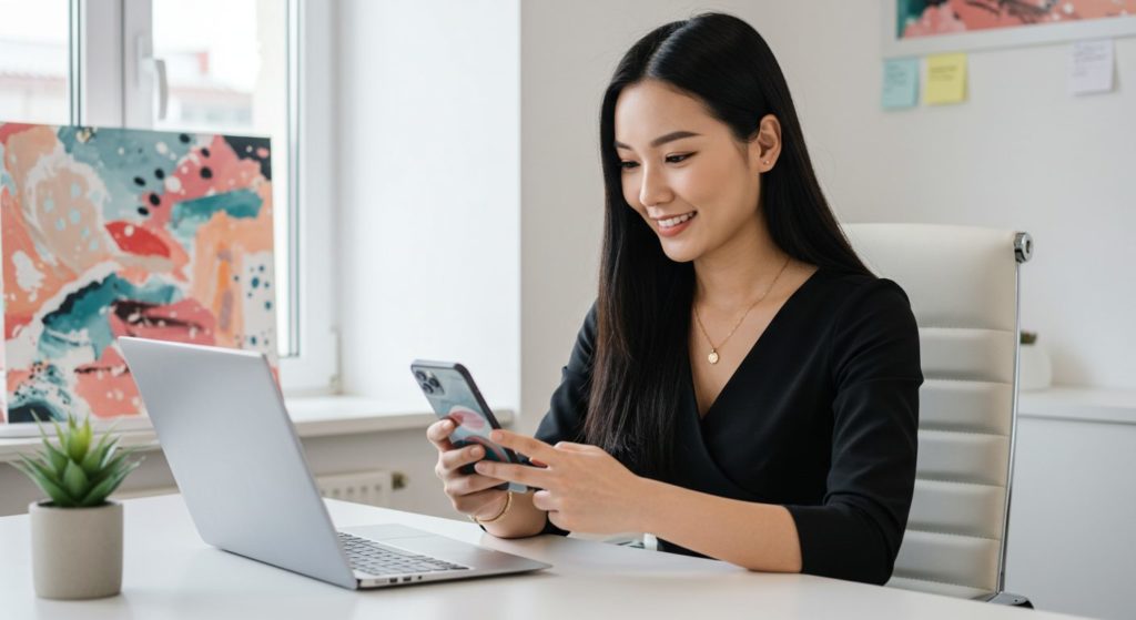 オフィスのデスクで、自分のスマホの待ち受け画面を見てにっこり微笑む女性