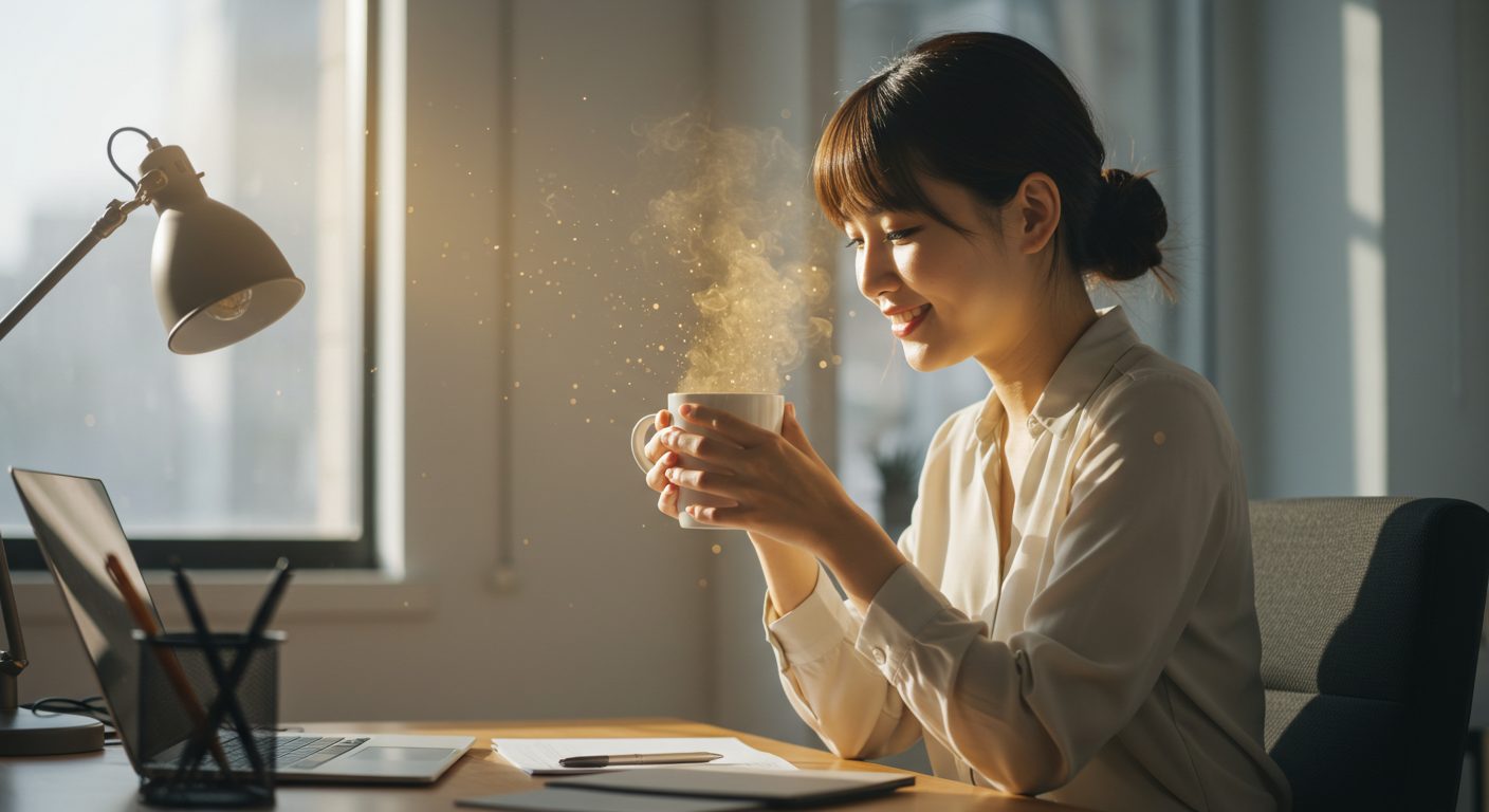 都会のオフィスで、デスクに座る一人の若いアジア人女性。彼女は少し微笑みながら、自分のマグカップから立ち上る、キラキラと輝く金色の湯気を優しく見つめている。窓の外には柔らかな太陽の光が差し込み、部屋全体が明るくポジティブな雰囲気に包まれている。彼女の周りには、希望と幸運のオーラが漂っている。