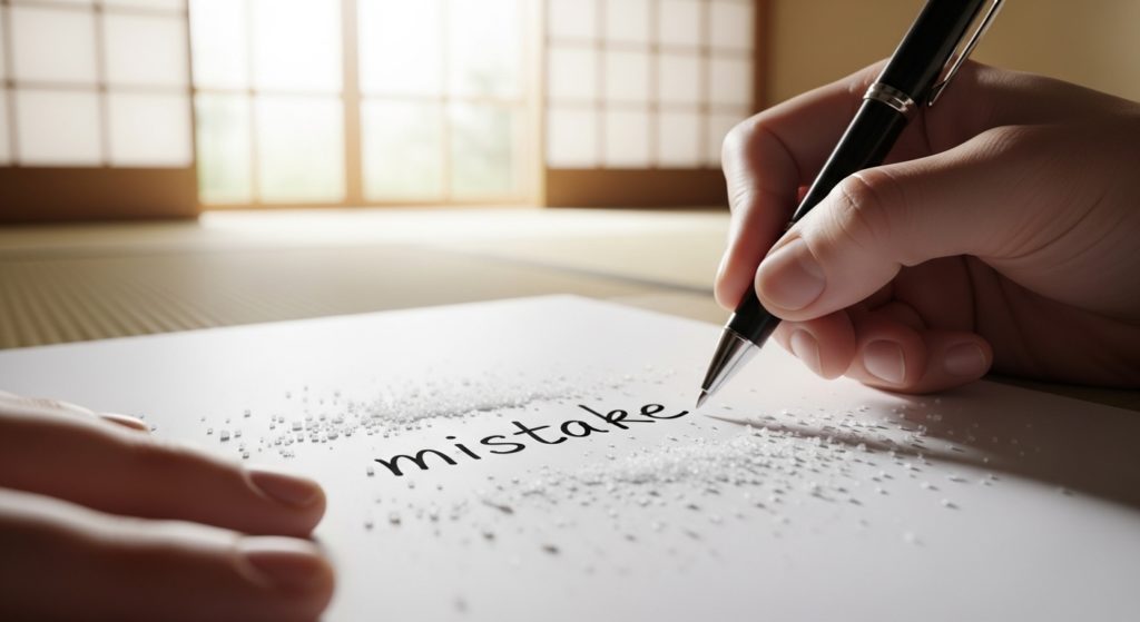 塩まじないで仕事の悩みを紙に書く様子