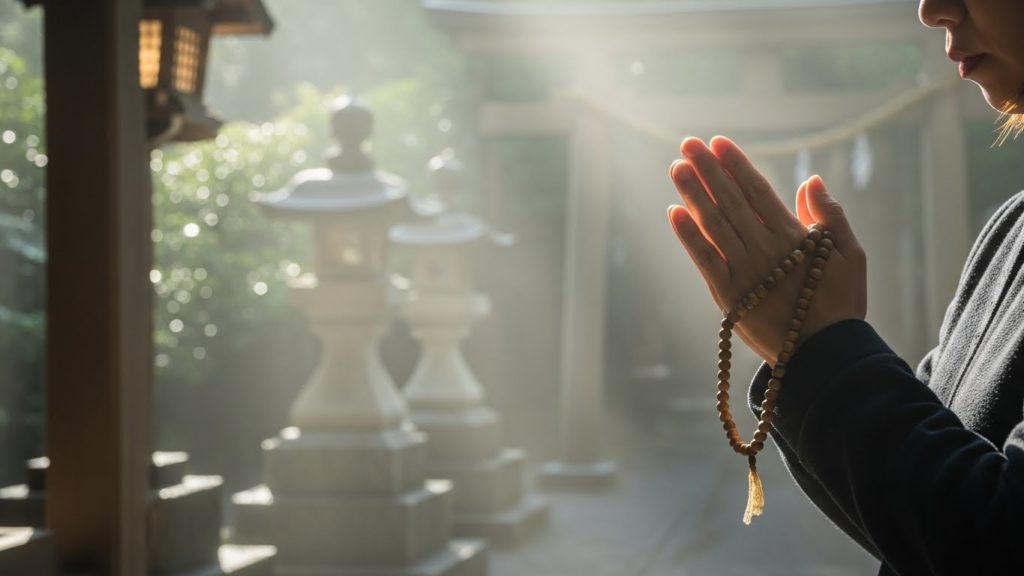 神社で難を逃れるよう祈る様子