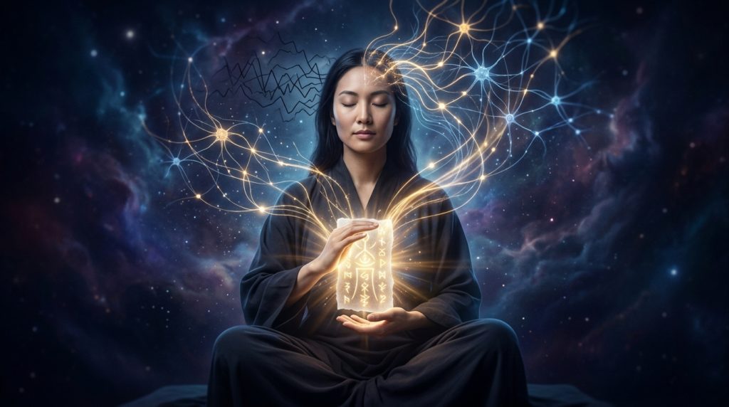 護符から放たれる光が脳内のネットワークを穏やかに満たしていくイメージ