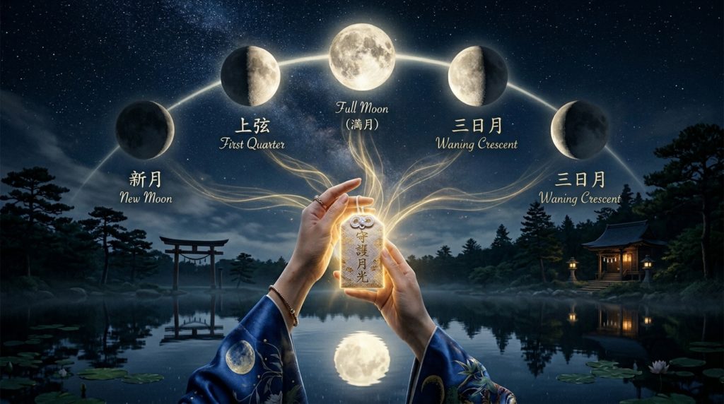 月の満ち欠けのサイクルと同調し、静かに輝きを放つ護符のイメージ
