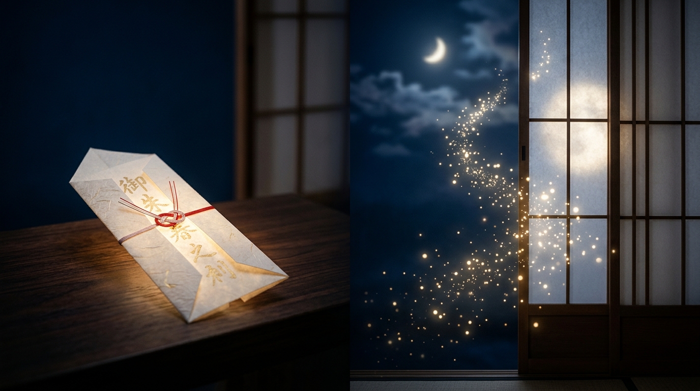 月の光に照らされる月花殿の金運護符と豊かな輝き