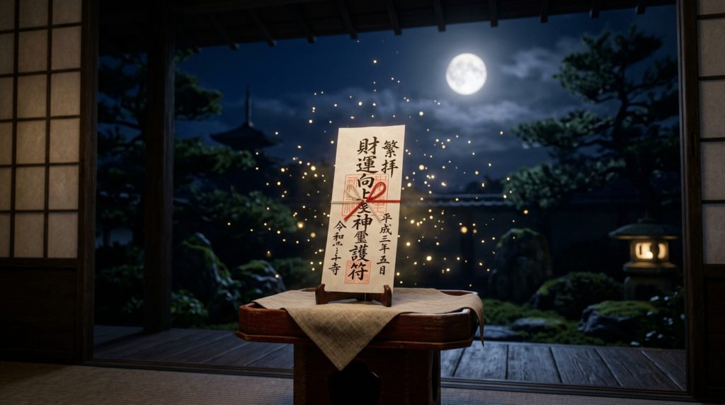 月の光に照らされる月花殿の金運護符と豊かな輝き