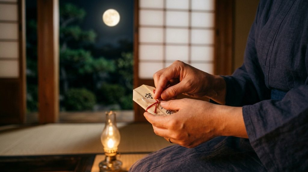 護符を大切に両手で包み込む様子と背景に浮かぶ満月