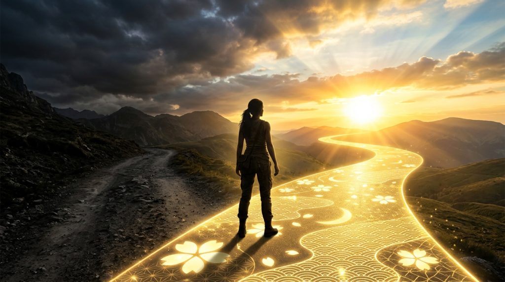 暗闇から光り輝く黄金の道へと踏み出す希望のイメージ