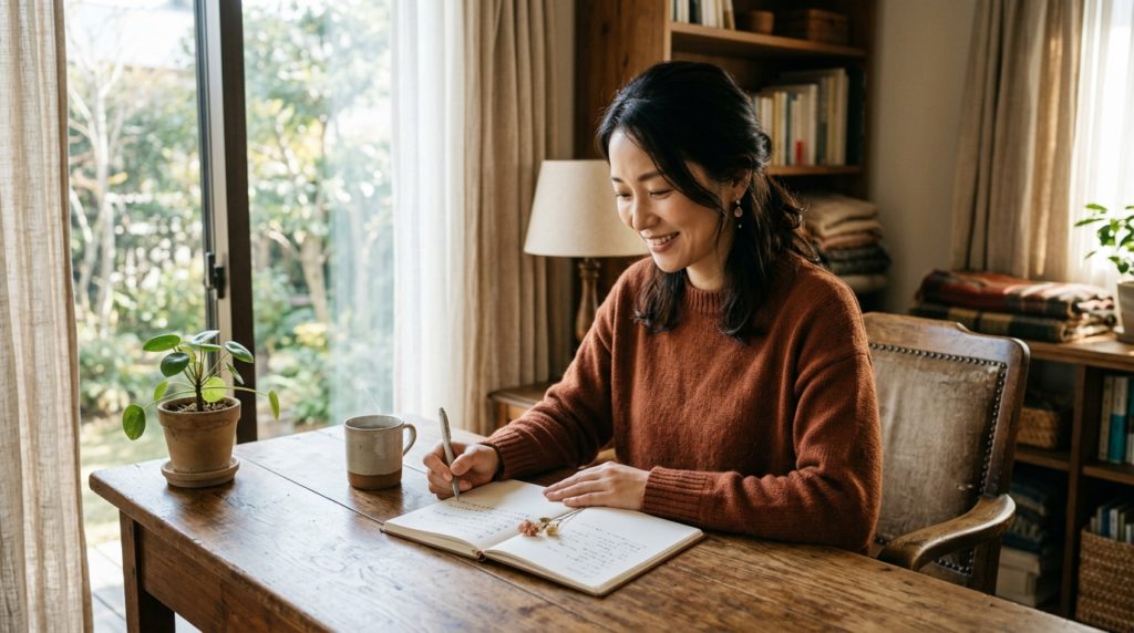 金運の悩みから解放され、穏やかな笑顔を見せる日本人の女性