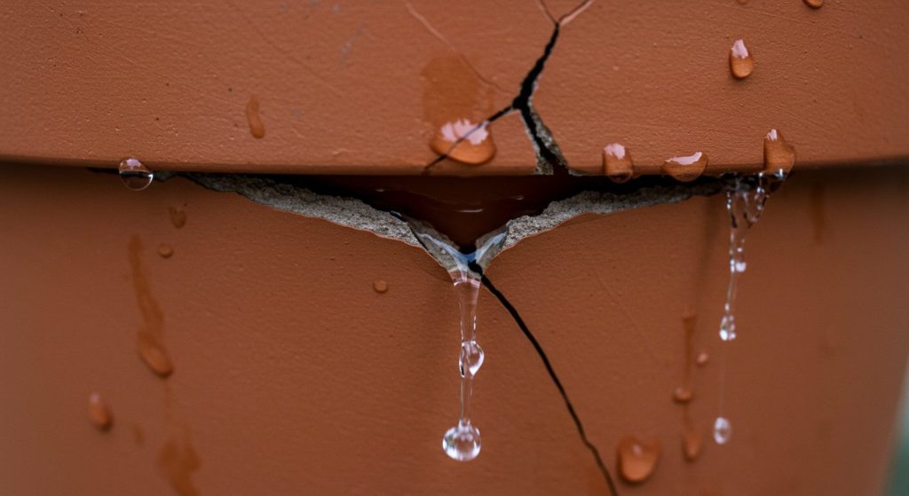 ひび割れて、水が漏れてしまっている植木鉢。金運の器が傷ついているイメージ。