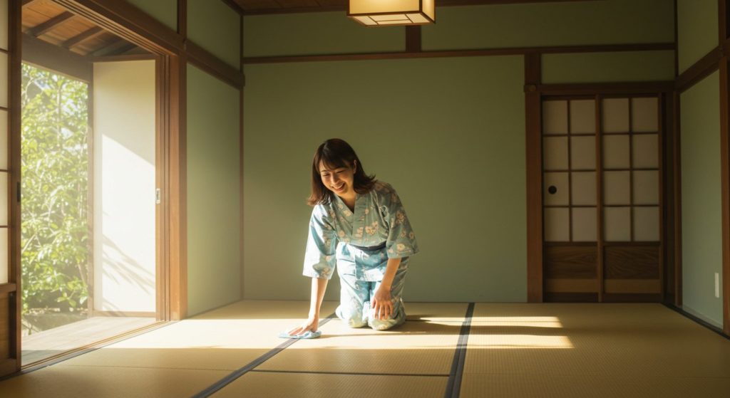 朝日が差し込む綺麗な玄関で、一人の女性が気持ちよさそうにたたみ（畳）を水拭きしている様子