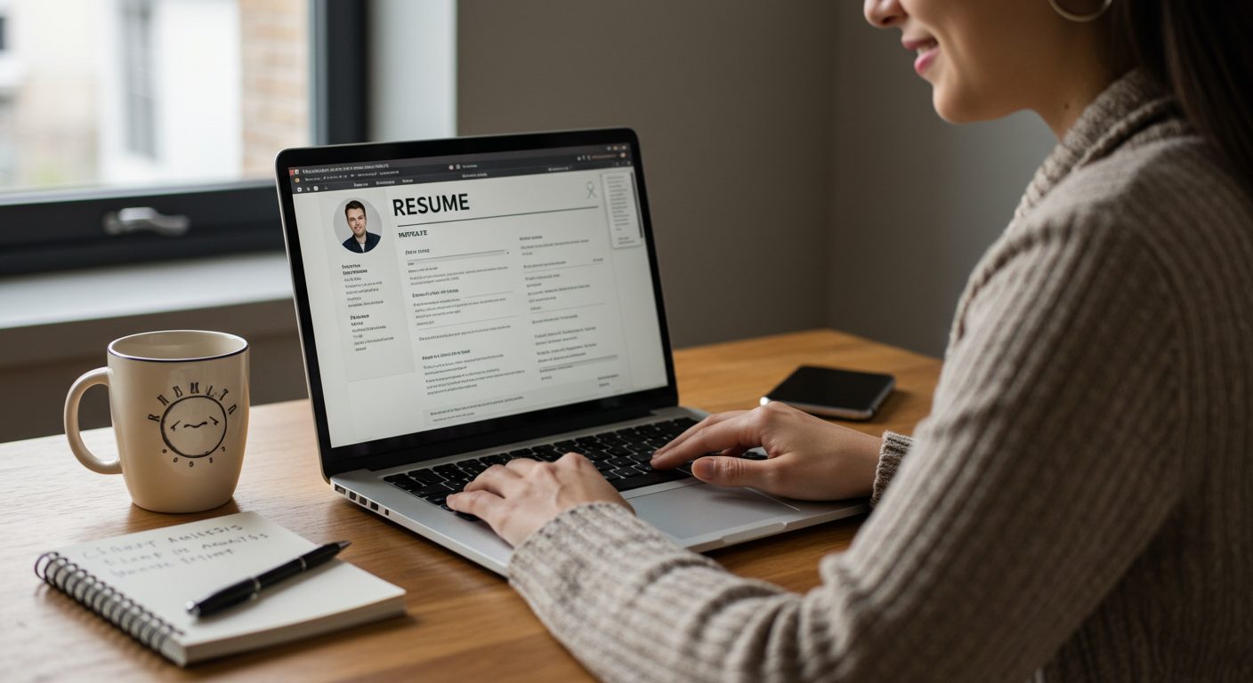 [画像のイメージ作成：ノートパソコンの画面に映る職務経歴書のテンプレートを見ながら、少し微笑んでいる女性。隣にはお気に入りのマグカップと、自己分析で使ったノートが置かれていて、前向きな気持ちで書類作成に取り組んでいる様子。 alt="パソコンで職務経歴書の書き方を学びながら作成する女性"]