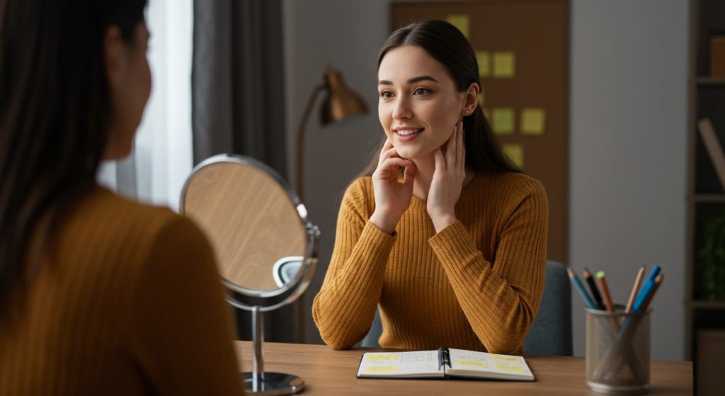 [画像のイメージ作成：部屋で、鏡の前に座った女性が、少し緊張しながらも、優しい笑顔で話す練習をしている。そばには面接対策のメモを書き込んだノートが置かれ、前向きに準備していることが伝わる温かい雰囲気。 alt="面接の質問対策として、鏡の前で話す練習をする女性"]