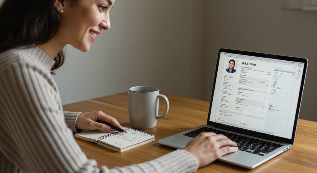 [画像のイメージ作成：ノートパソコンの画面に映る職務経歴書のテンプレートを見ながら、少し微笑んでいる女性。隣にはお気に入りのマグカップと、自己分析で使ったノートが置かれていて、前向きな気持ちで書類作成に取り組んでいる様子。 alt="パソコンで職務経歴書の書き方を学びながら作成する女性"]