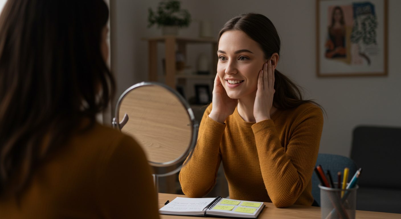 [画像のイメージ作成：部屋で、鏡の前に座った女性が、少し緊張しながらも、優しい笑顔で話す練習をしている。そばには面接対策のメモを書き込んだノートが置かれ、前向きに準備していることが伝わる温かい雰囲気。 alt="面接の質問対策として、鏡の前で話す練習をする女性"]