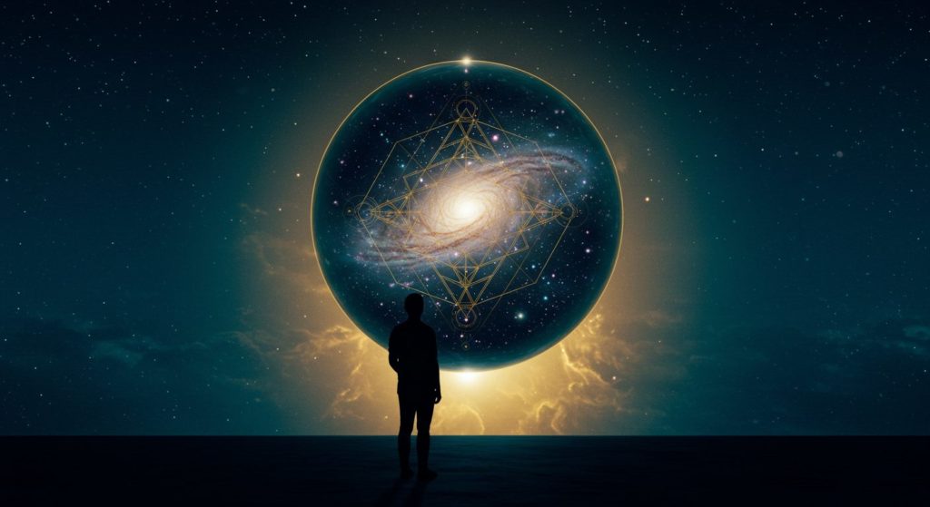 古代の幾何学模様が浮かぶ神秘的な球体と向き合い、自分自身を見つめる人物のシルエット。自己の使命や魂の設計図を知る