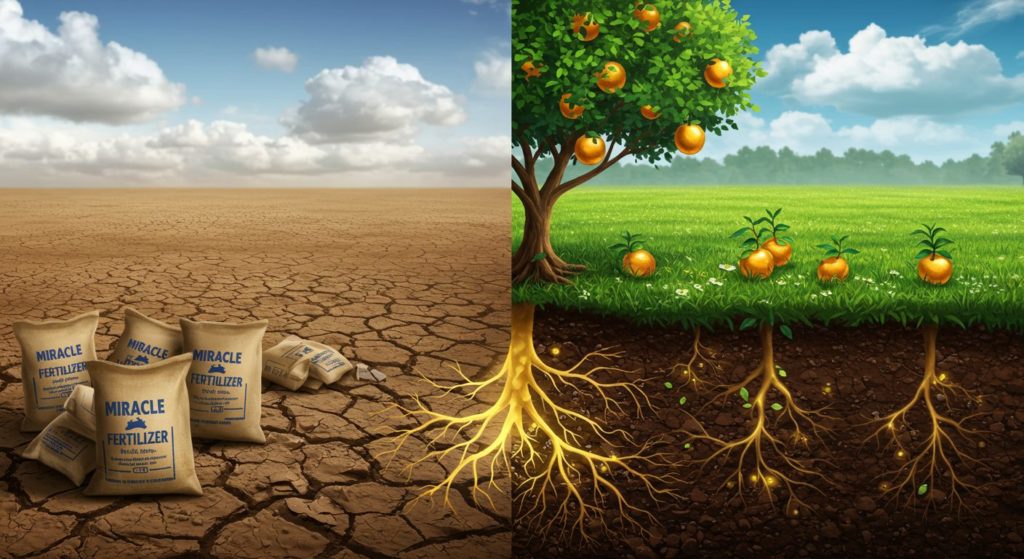 左側は肥料があるのに荒れた畑、右側は根が輝き黄金の果実が実る豊かな畑