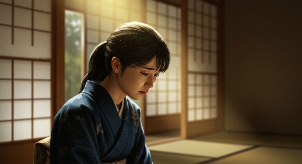 幸運の光が差し込んでいるのに、それに気づかず下を向いてため息をついている女性のイメージ