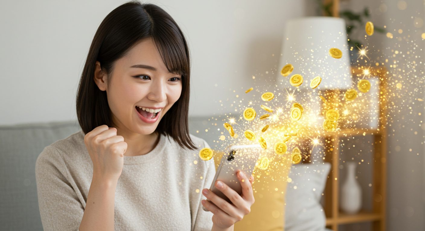 明るく居心地の良いリビングで、一人の若いアジア人女性が自分のスマートフォンを見て、嬉しくてたまらないといった表情で「やった！」と小さくガッツポーズをしている。