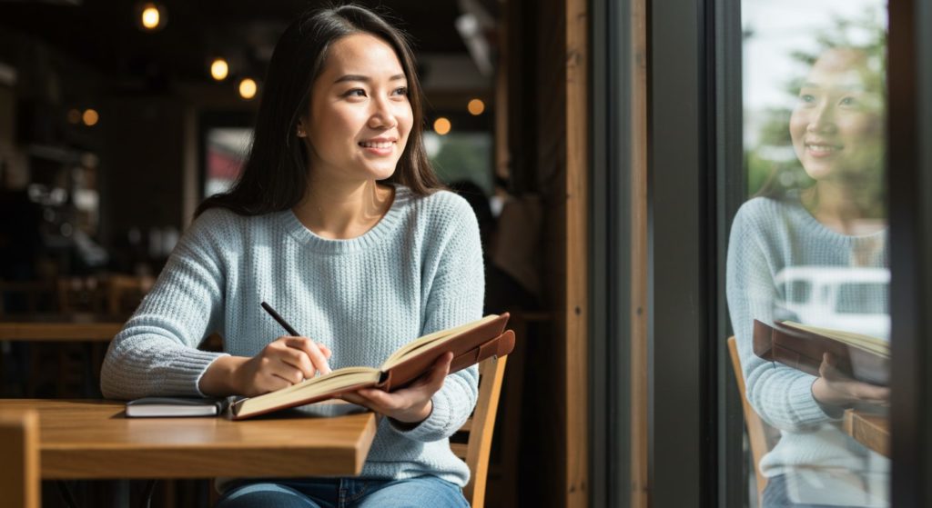 カフェのテーブルで、お気に入りのノートを開き、少し微笑みながら窓の外を眺めている女性。未来への期待感が漂っている。