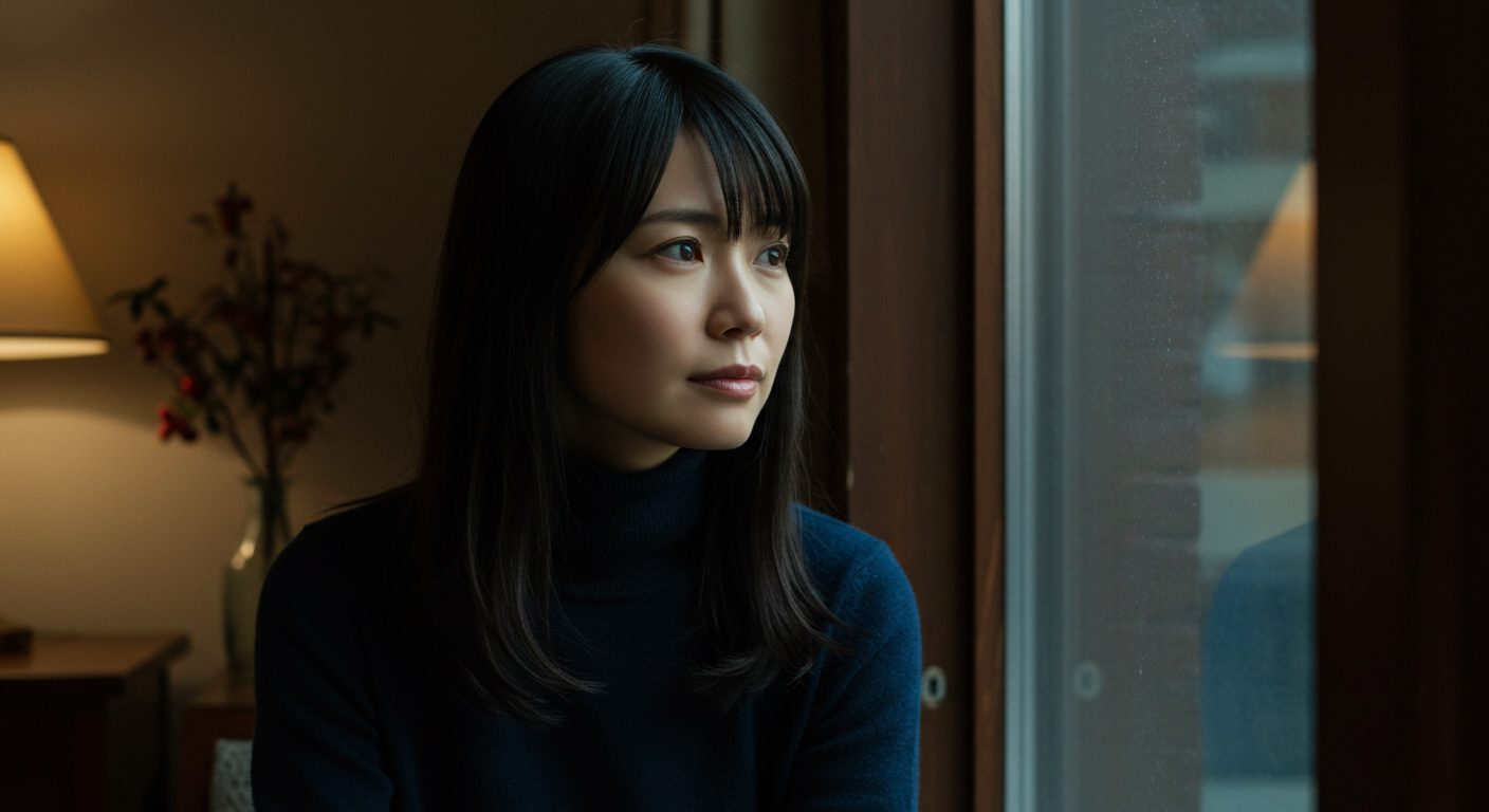 窓の外を見ながら一人で深く思い悩む、30代の日本人女性の後ろ姿、部屋は少し薄暗い