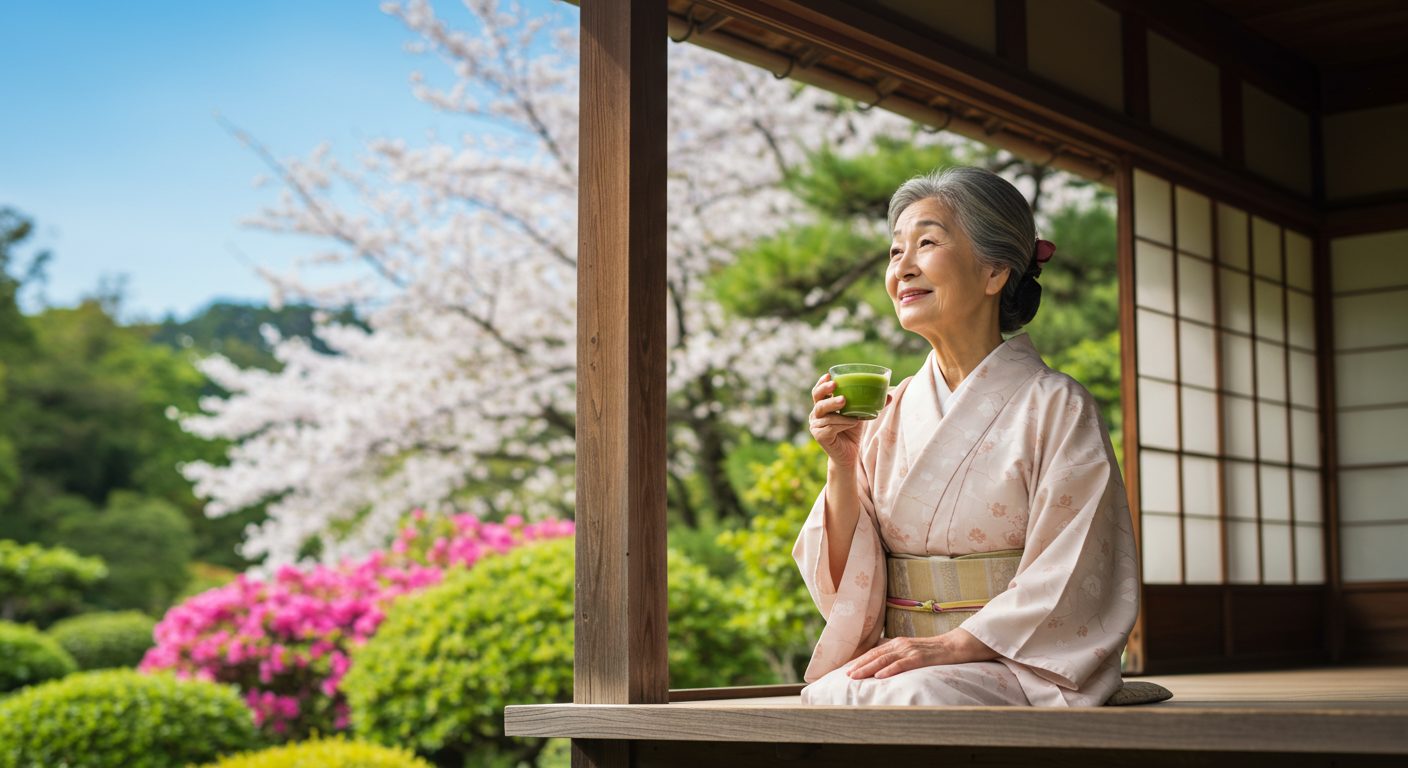 縁側でお茶を飲みながら、遠くの空を見て、離れて暮らす孫のことに思いを馳せる、優しい表情の日本の祖母