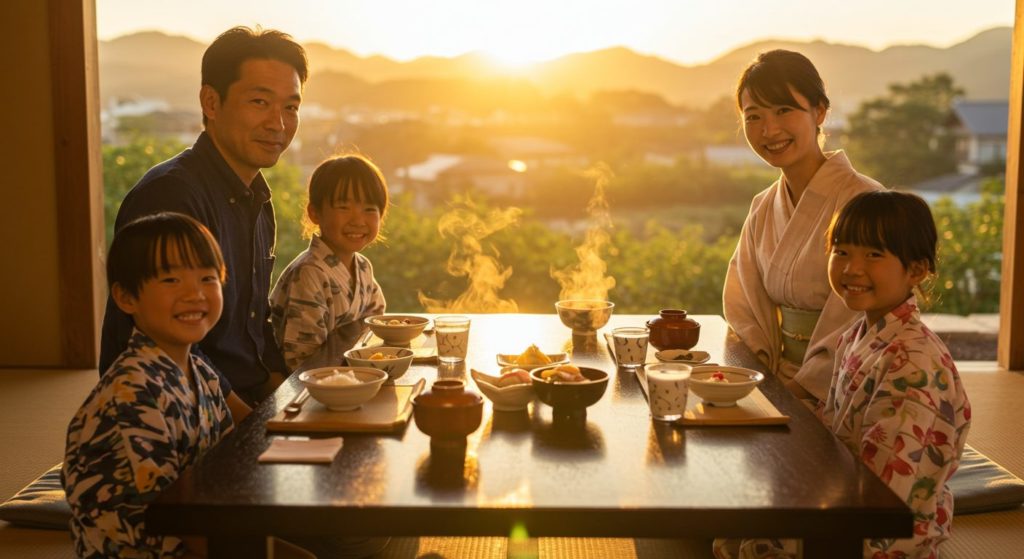 食卓を囲み、穏やかな表情で微笑み合う日本の家族。温かい光に包まれている