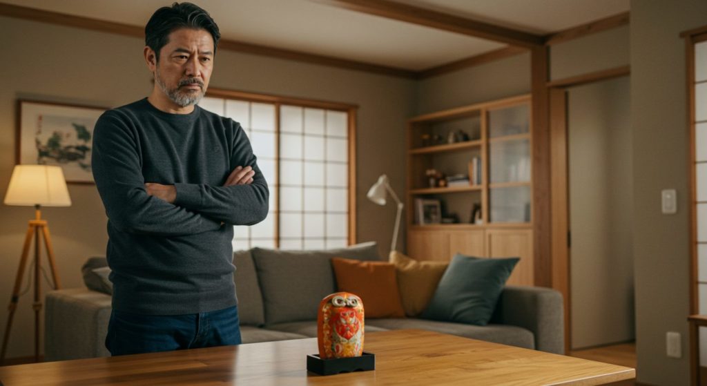 リビングのテーブルに置かれた一枚の護符を、腕を組んで少し離れた場所から訝しげに見つめる40代の日本人男性