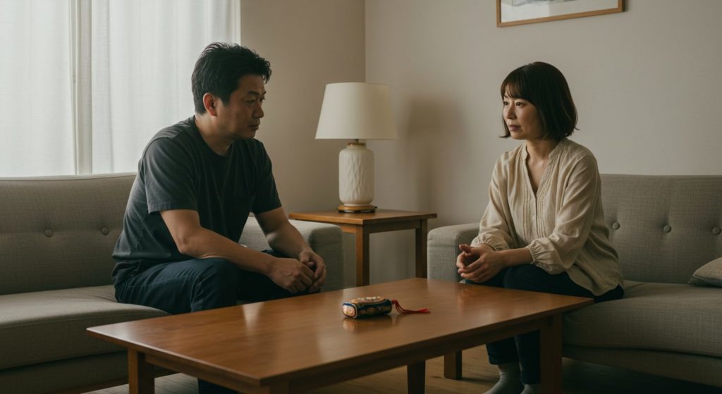 リビングで、真剣な表情で向かい合って話をする40代の日本人夫婦。テーブルの上には一枚の護符が置かれている