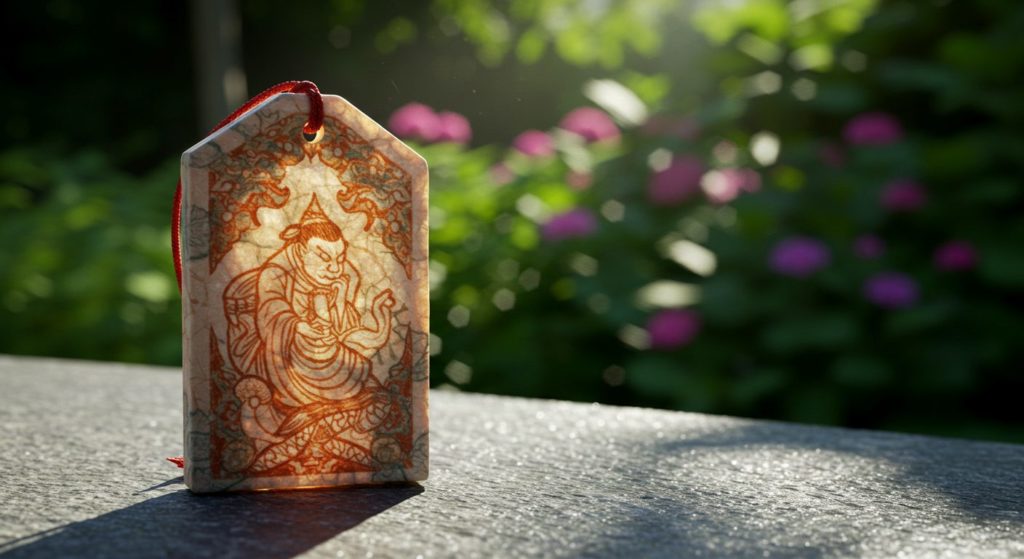 太陽の光を浴びてキラキラと輝く、美しい和紙で作られた一枚の護符。背景には緑の庭が広がっている。