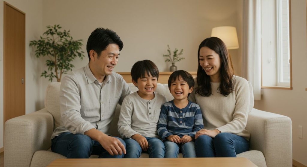 温かい光が差し込むリビングで、ソファに座って幸せそうに談笑する日本の家族（父、母、息子）