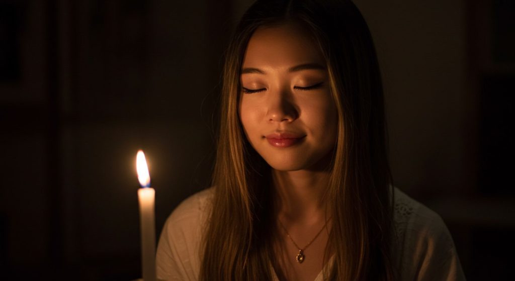 キャンドルの前で静かに願い事をする女性