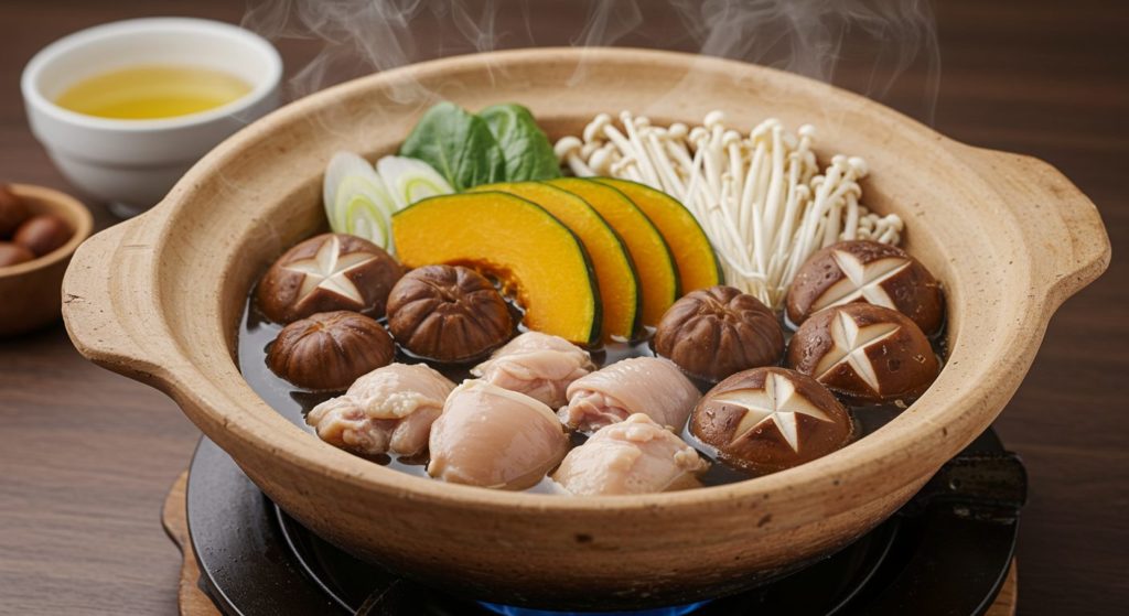 湯気が立ち上る、土鍋に入った温かいごちそう鍋。かぼちゃや栗、きのこ類、鶏肉など、色とりどりの具材が見える。家族団らんを思わせる、幸せな雰囲気。