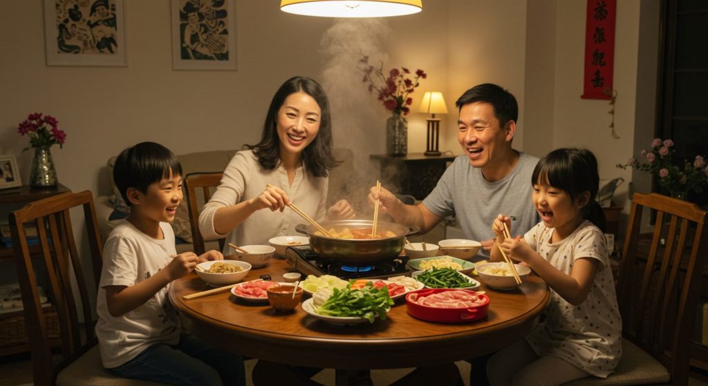 温かいリビングで、食卓を囲んで笑顔で鍋を食べている家族。子供も大人も楽しそうで、幸せな雰囲気が伝わってくる。