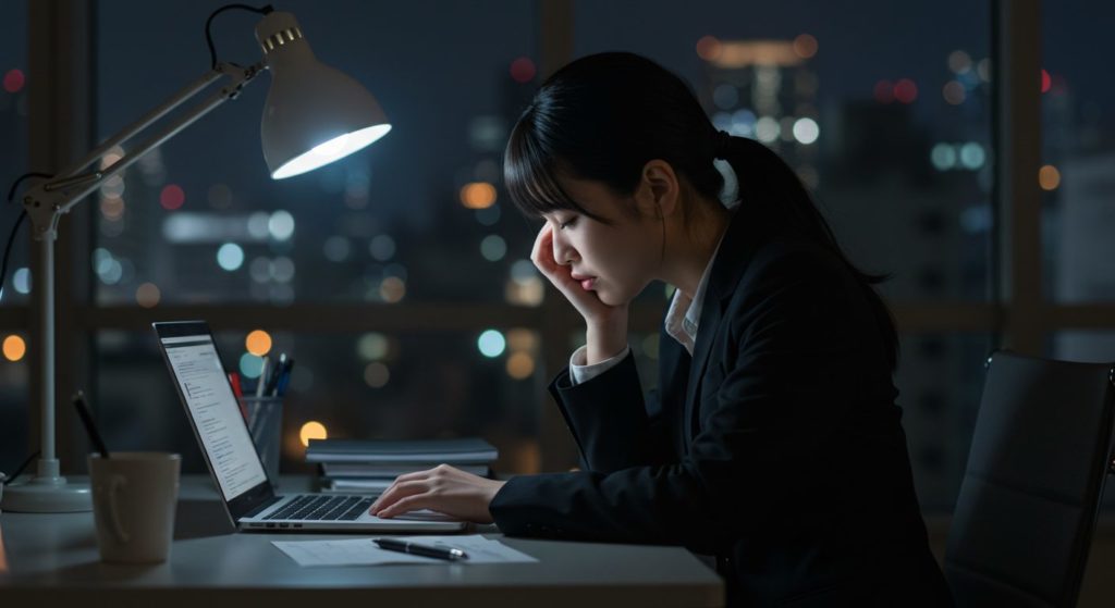 夜のデスクで、ノートパソコンの光に照らされながら深くため息をつく女性