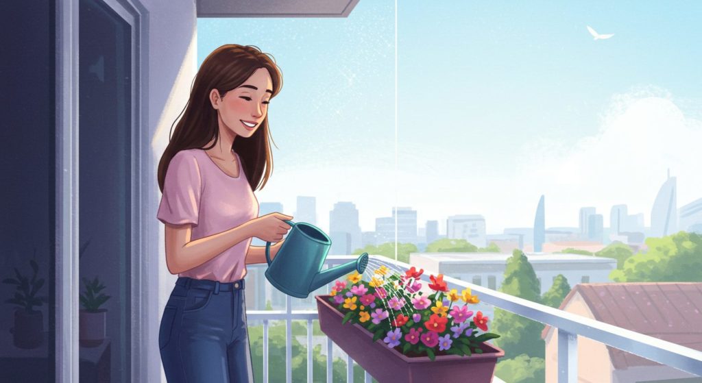 若い女性が笑顔でベランダのプランターに水をやっている様子のイラスト。空間が浄化され、キラキラと輝いているイメージ。