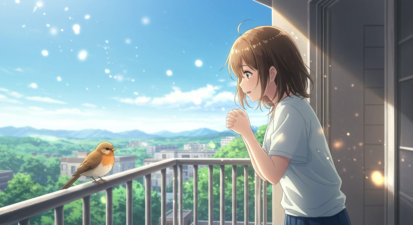 ベランダの手すりにとまった小鳥を、若い女性が優しい笑顔で見つめているイラスト。幸運のサインを象徴する、スピリチュアルで希望に満ちたイメージ。