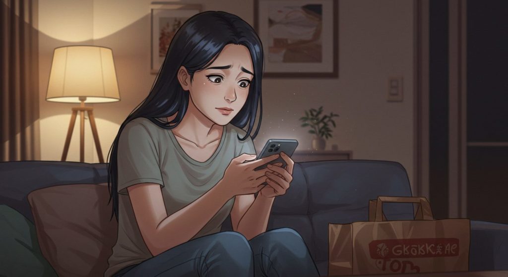 スマートフォンで月花殿の口コミを見ながら、少し不安そうな表情を浮かべている女性のイラスト。どうしようか迷っている様子。