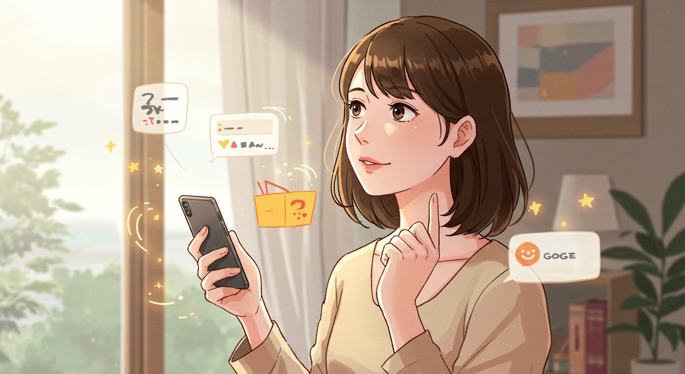 月花殿の口コミをスマホで見ながら、買うべきか迷っていた女性が、納得してスッキリとした表情で決断しているイラスト。公平な情報で、後悔しない選択ができることを象徴するイメージ。