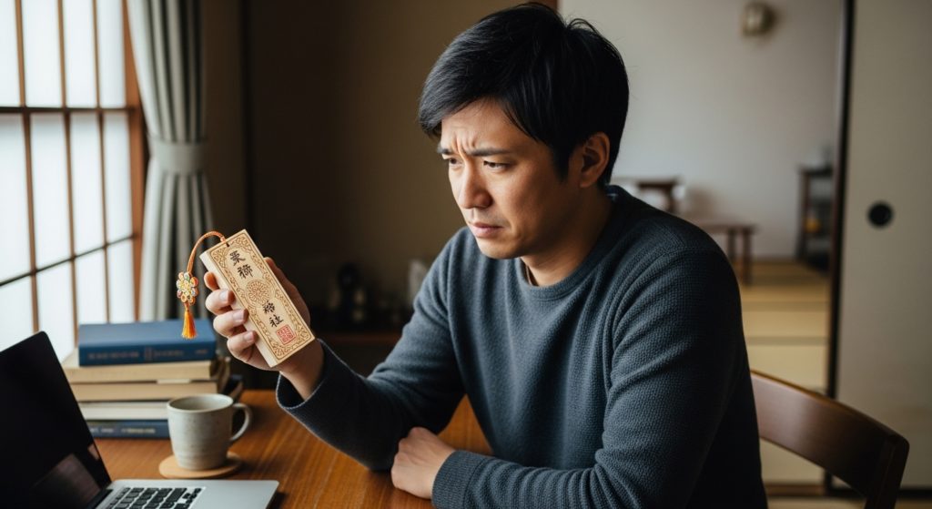 一人の日本人が、自宅の机の上で月花殿の護符を手に取り、少し困ったような、考え込んでいる表情をしている。どう使えばいいか迷っている様子。