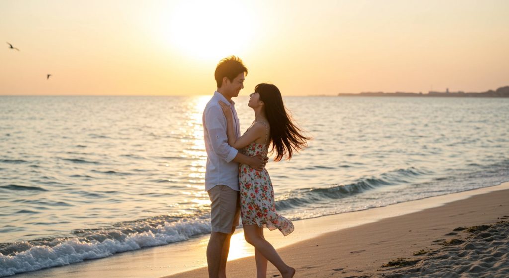 夕暮れの海辺で、幸せそうに寄り添う日本人カップル