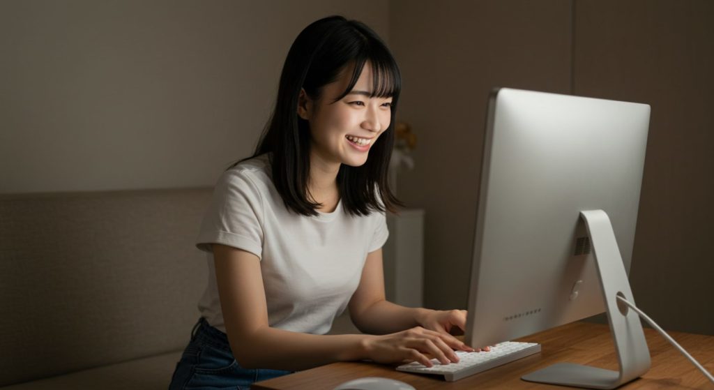 パソコンの前で、自分の体験談を嬉しそうに書き込んでいる日本人女性